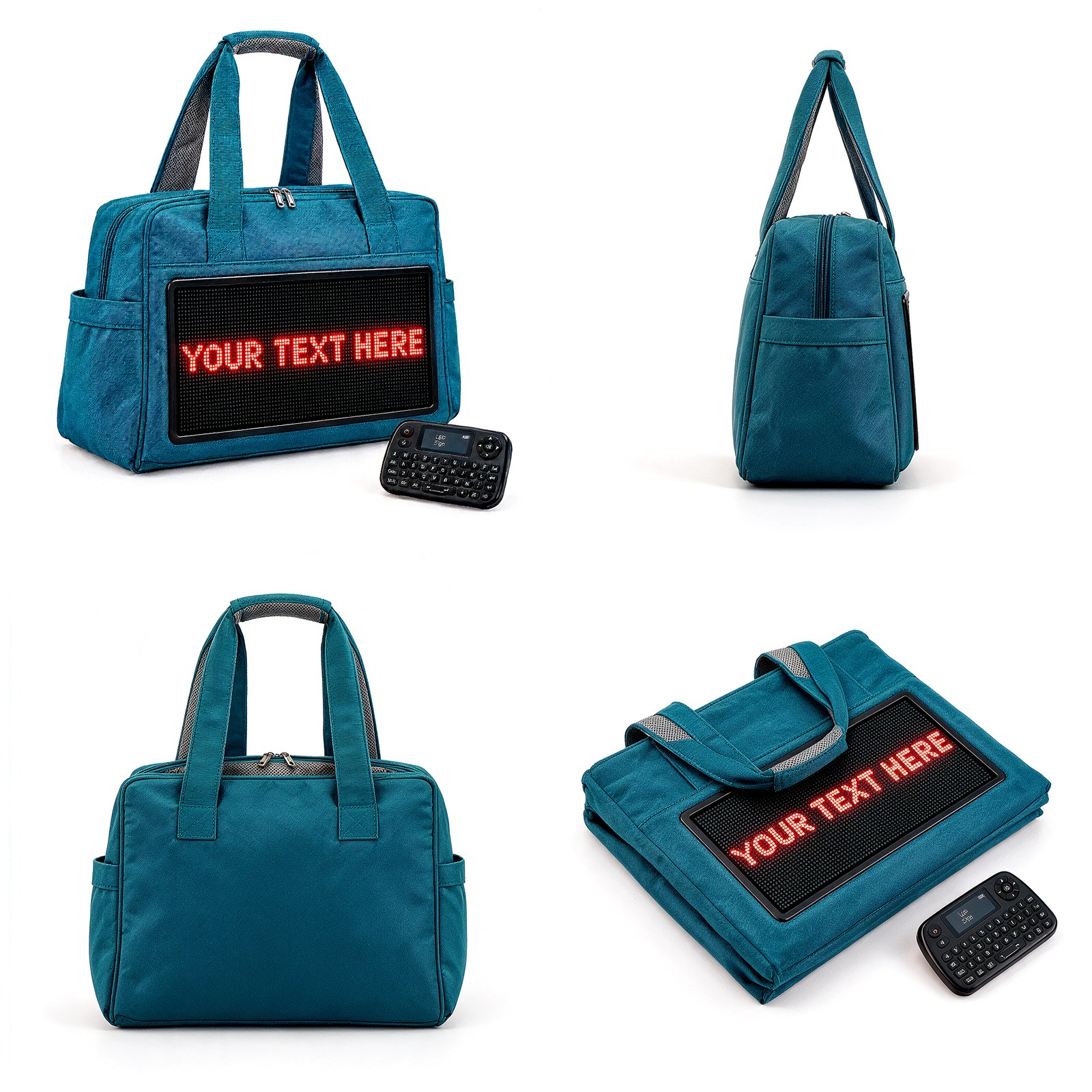 The tote open, from the side, standing, and folded